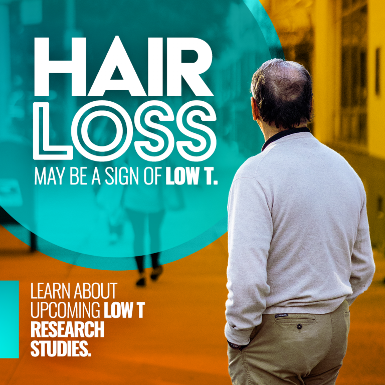 Hair loss may be a sign of Low T. Older man looking out into a courtyard, clinical research